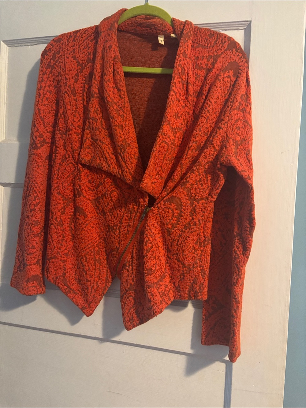 Moth Red-Orange Patterned Zip-Front Draped Cardigan
